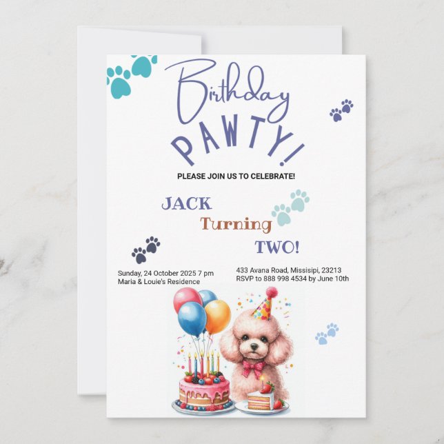 Convites Birthday Pawty Poodle Dog Personalizado Aniversári (Frente)