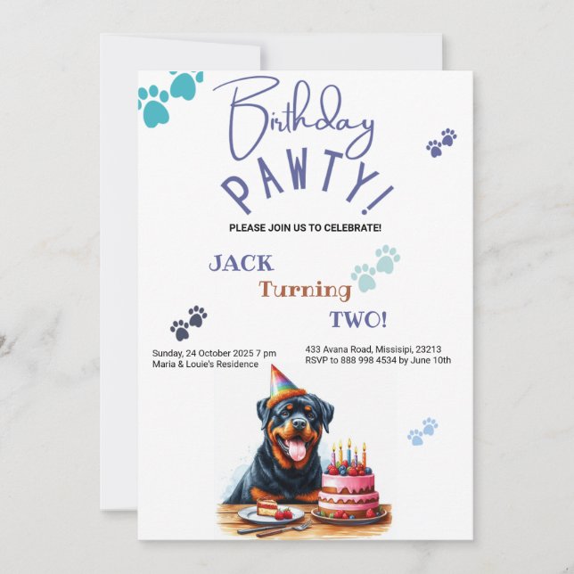 Convites Birthday Pawty Rottweiler Cão Personalizado Aniver (Frente)