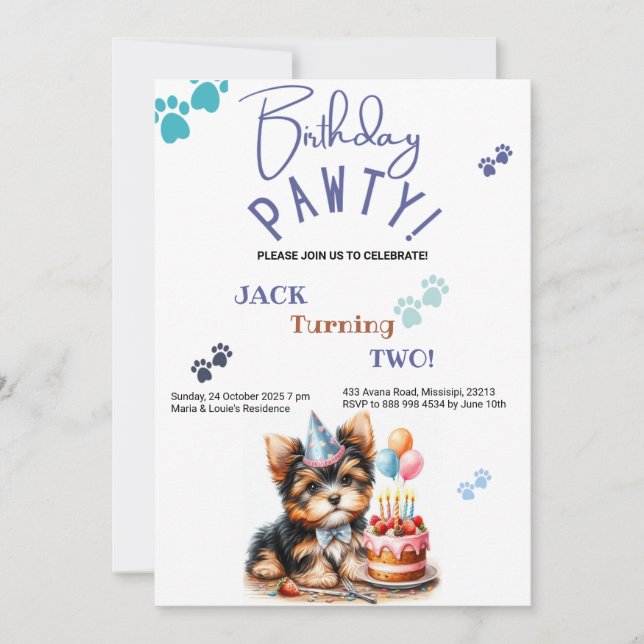 Convites Birthday Pawty Yorkshire Terrier Dog Birthday (Frente)