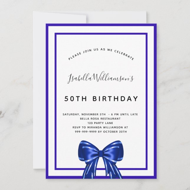 Convites Birthday - royal blue White - arco elegante (Frente)