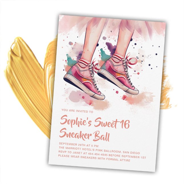 Convites Birthday Sneaker Ball Grunge Watercolor Sweet 16 (birthday sneaker ball invitation sweet 16 grunge painter rag watercolor splash pink teal purple chic)
