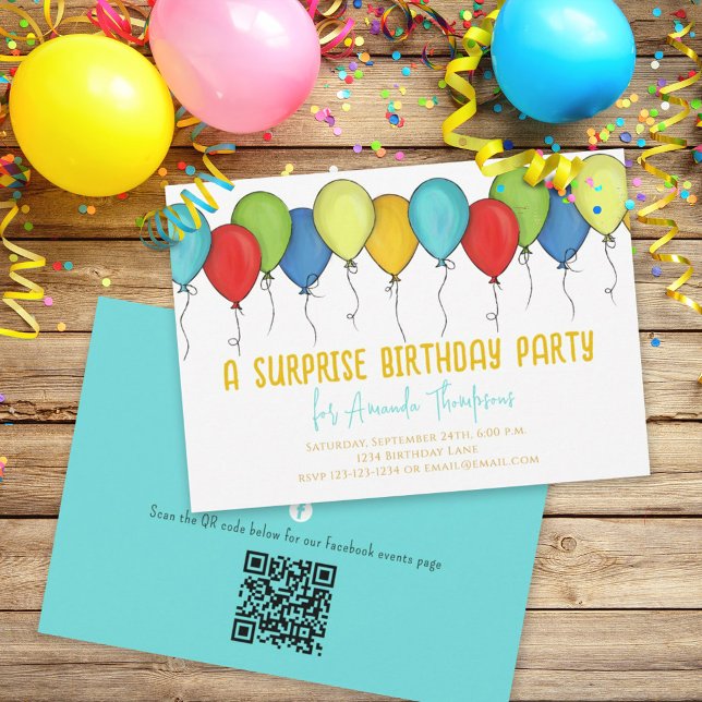 Convites Birthday Surprise Party Balões QR Code Facebook (Criador carregado)