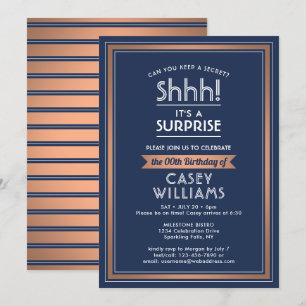 Convites Birthday Surprise Party Navy Blue, White & Copper