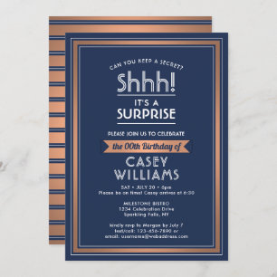 Convites Birthday Surprise Party Navy Blue, White & Copper