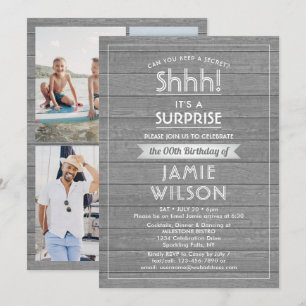 Convites Birthday Surprise Party Rustic Wood Gray and White