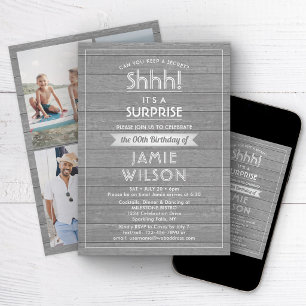 Convites Birthday Surprise Party Rustic Wood Gray and White