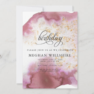 Convites Birthday Watercolor Rosa Quartz Dourado Geode