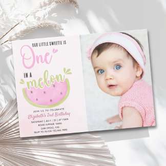 Convites Birthday watermelon Girl one in a melon with photo