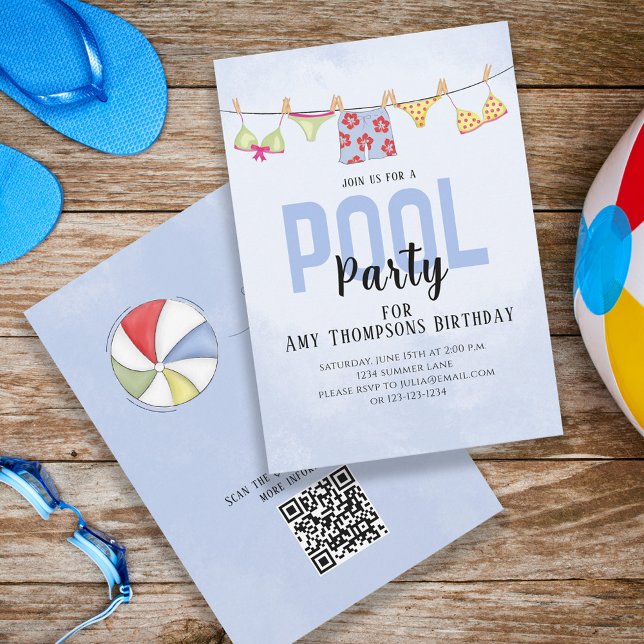 Convites Birthday Whimsical Piscina Party SwimPROCESSOS QR (Criador carregado)
