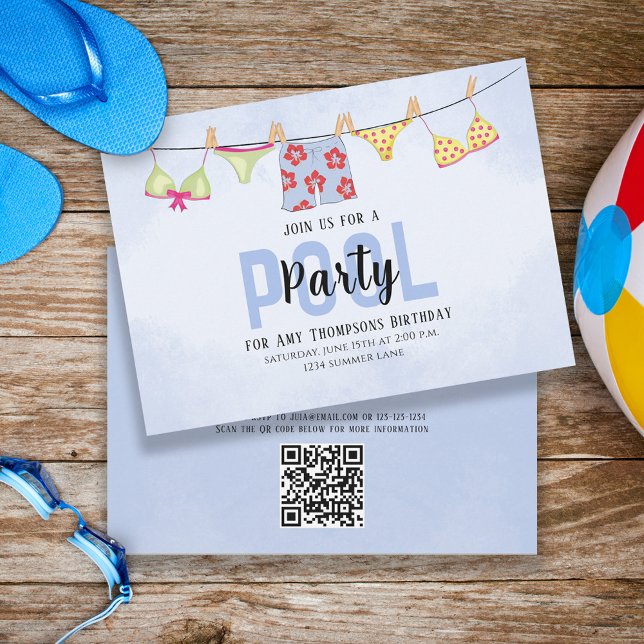 Convites Birthday Whimsical Piscina Party SwimPROCESSOS QR (Criador carregado)