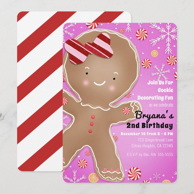 Convites Biscoito de Gengibre de Hortelã Rosa de Natal Aniv (Frente/Verso)