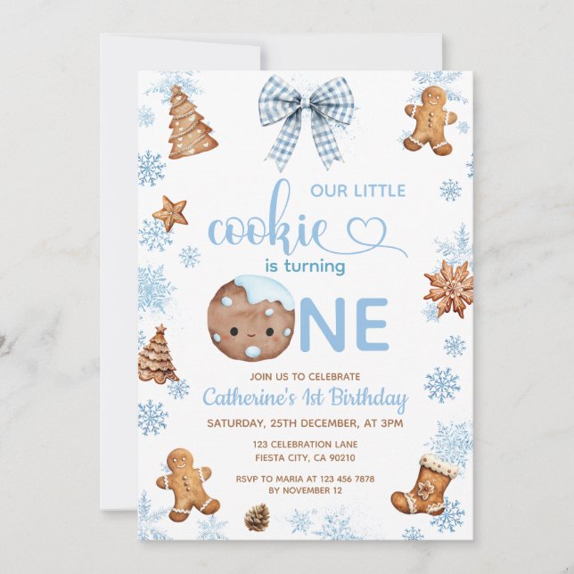 Convites Biscoitos Blue Snowflakes está fazendo um ano (Frente)