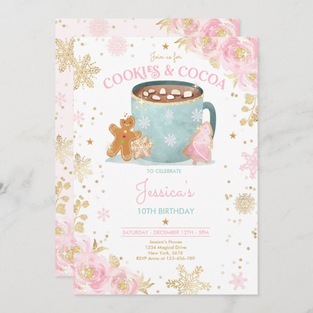 Convites Biscoitos de Natal rosa e Dourado e cacau Aniversá (Frente/Verso)