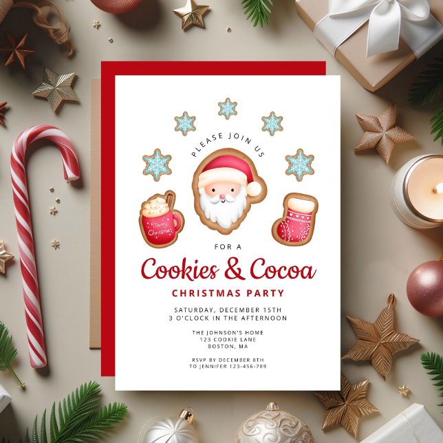 Convites Biscoitos e Cacau do Papai Noel Natal Adesivos Fes (Cute Santa Cookies & Cocoa Christmas Party Invitation)