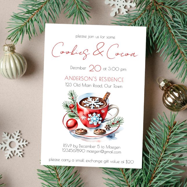 Convites Biscoitos e modelo de festas de Natal simples de c (Cookies and cocoa Christmas party template invitation instant download modern minimalist watercolor )