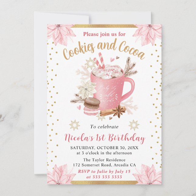 Convites Biscoitos Rosa de Inverno e Cacau Aniversário de 1 (Frente)