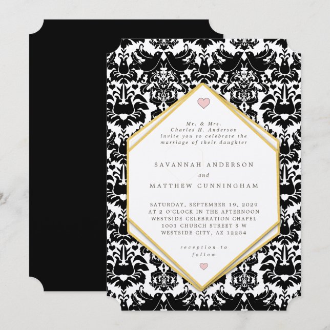 Convites Blaack & Gold LoveBird Antigo Casamento Damask (Frente/Verso)