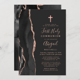 Convites Black Agate Rosa Dourado Glitter Primeira Comunhão