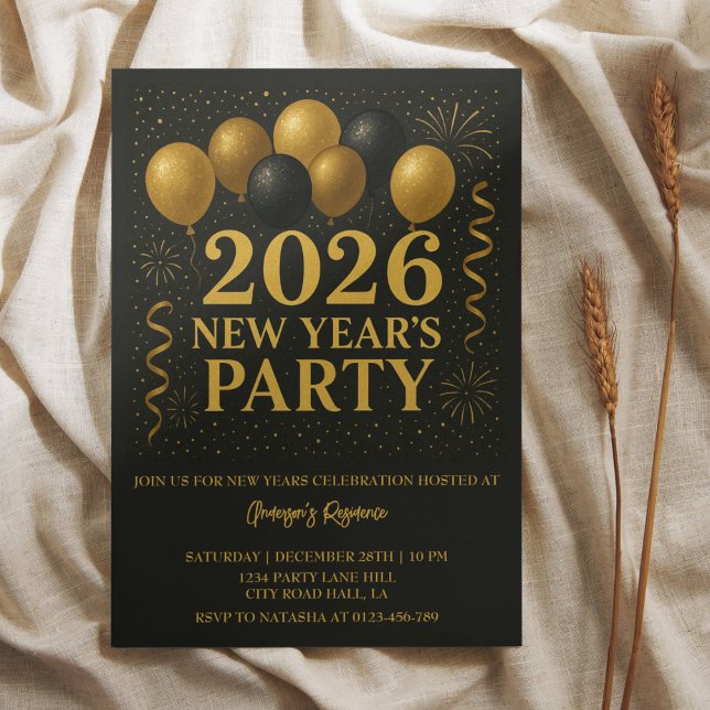 Convites Black And Gold 2026 New Year Party (Criador carregado)