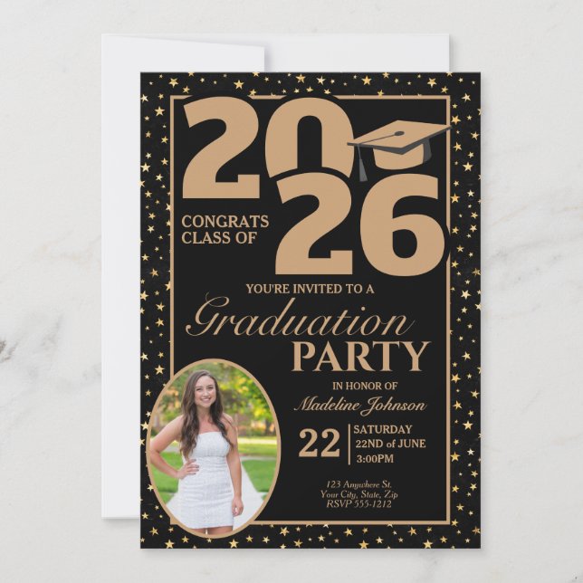 Convites Black and Gold 2026 Photo Graduation Invitation (Frente)