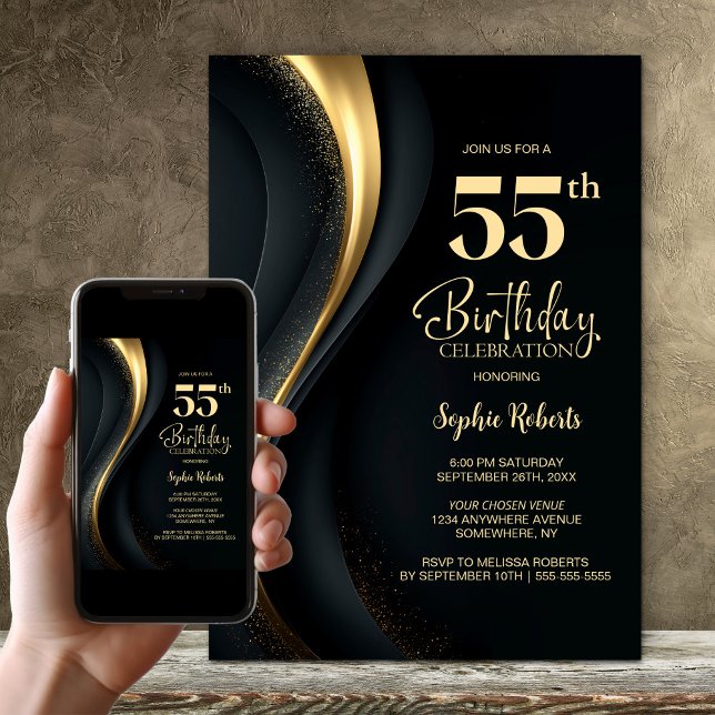 Convites Black and Gold 55th Birthday Party (Criador carregado)