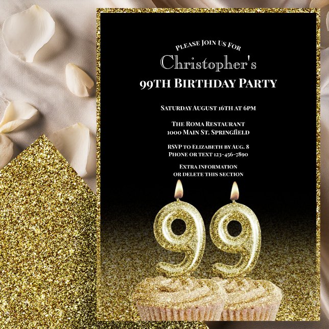 Convites Black and Gold 99th Birthday Invitation For Him (Criador carregado)