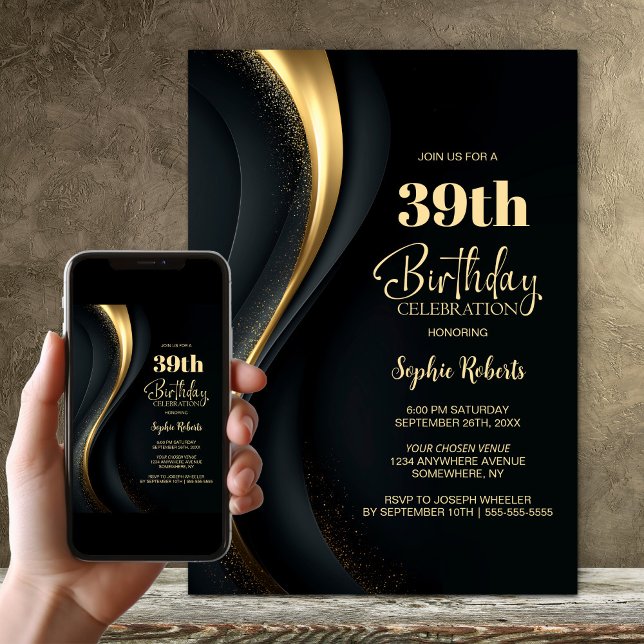 Convites Black and Gold Any Age Birthday Party (Criador carregado)