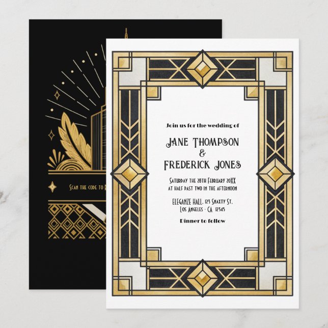 Convites Black and Gold Art Deco QR Code RSVP Wedding (Frente/Verso)