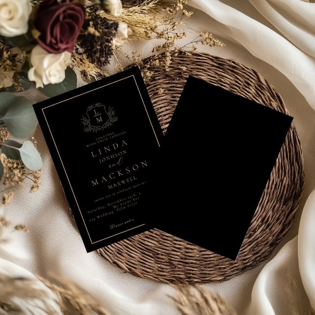 Convites Black and gold botanical crest monogram wedding (Criador carregado)