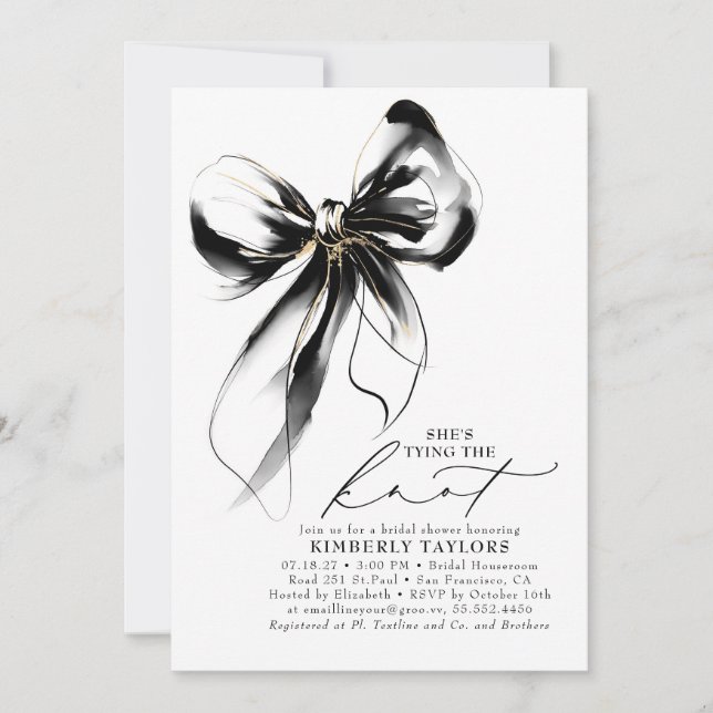 Convites Black and Gold Bow Elegant Whimsical Bridal Shower (Frente)