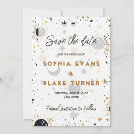 Convites Black and Gold Celestial Wedding Save the Date