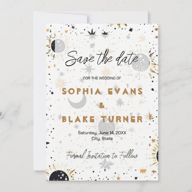 Convites Black and Gold Celestial Wedding Save the Date  (Frente)