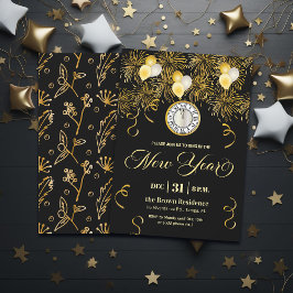 Convites Black and Gold Glitter New Year's Eve Party 