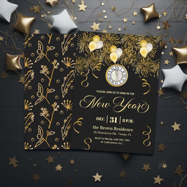 Convites Black and Gold Glitter New Year's Eve Party  (Criador carregado)