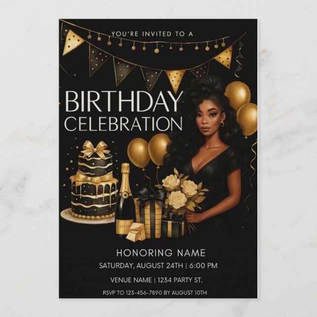 Convites Black and Gold Luxury Birthday Invitation (Frente)