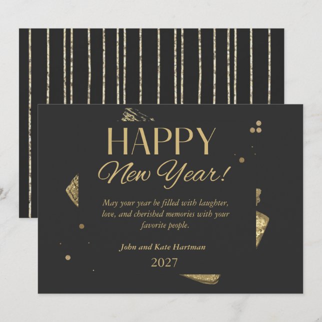Convites Black and Gold New Years Greeting Card (Frente/Verso)