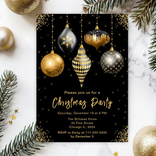Convites Black and Gold Ornaments Christmas Party (Criador carregado)