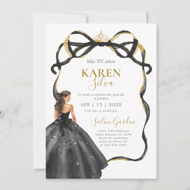 Convites Black and Gold Quinceanera Invitation (Frente)