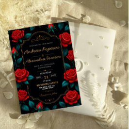 Convites Black and Gold Rose Luxury Gothic Elegant Red Rose