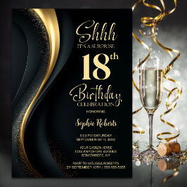 Convites Black and Gold Surprise 18th Birthday Party