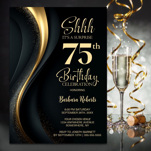 Convites Black and Gold Surprise 75th Birthday Party (Criador carregado)