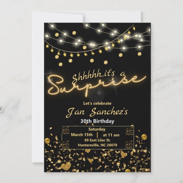 Convites Black and gold surprise budget invitation QRcode F (Frente)