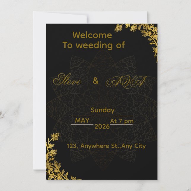 Convites Black and Gold Wedding Invitation | Elegant Luxury (Frente)