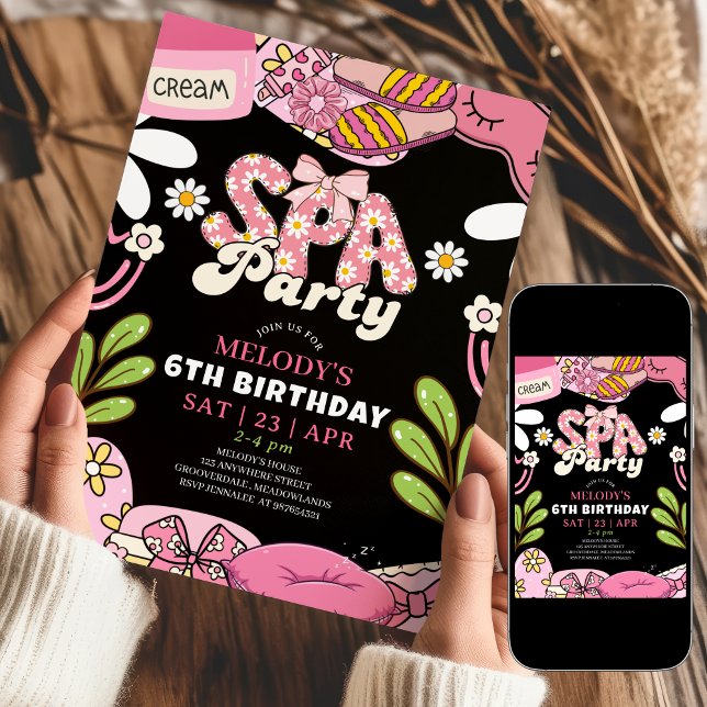 Convites Black and Pink Retro Daisy Spa Party Birthday (Criador carregado)