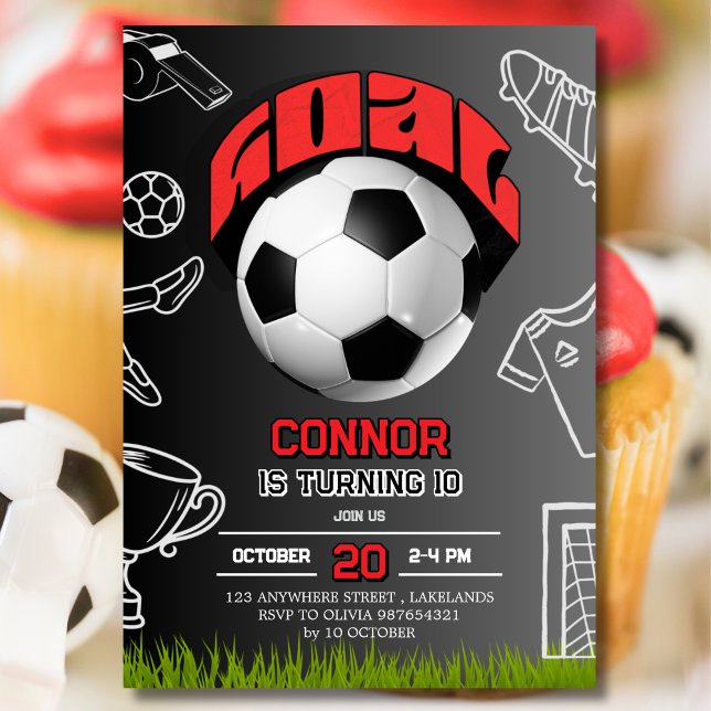 Convites Black and Red Soccer Ball Birthday Party  (Criador carregado)