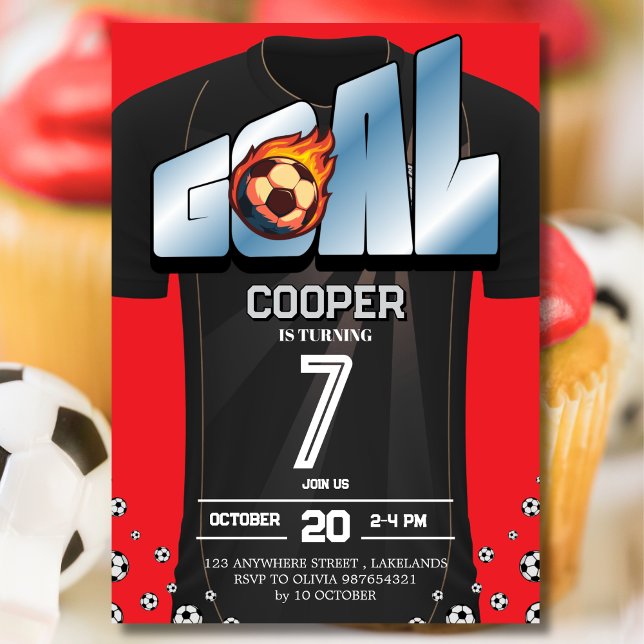 Convites Black and Red Soccer Shirt Birthday Party  (Criador carregado)