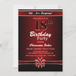 Convites Black and Red Surprise 18th Festa de aniversário<br><div class="desc">Um convite de aniversário 18º surpresa,  vermelho e preto,  com texto branco e uma fita e arco vermelho e branco. Substitua os detalhes deste convite por você para criar o convite de aniversário surpresa perfeito para o seu evento.</div>