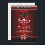 Convites Black and Red Surprise 50th Birthday Festa de Jant<br><div class="desc">Convite de festas de 50 anos de janto,  vibrante,  vermelho e preto,  com texto branco e fita e arco vermelho e branco. Substitua os detalhes deste convite por você para criar o convite de aniversário surpresa perfeito para o seu evento.</div>