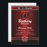 Convites Black and Red Surprise 60th Birthday Festa de Jant<br><div class="desc">Um vibrante convite de festas de 60 anos de janto,  vermelho e preto,  com texto branco e uma fita e arco vermelho e branco. Substitua os detalhes deste convite por você para criar o convite de aniversário surpresa perfeito para o seu evento.</div>