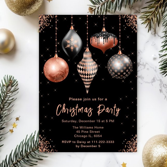 Convites Black and Rose Gold Ornaments Christmas Party (Criador carregado)